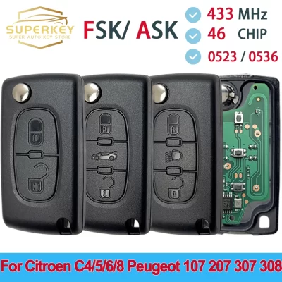 Chave remota do carro do ASK-Flip, FSK, Citroën C2, C3, C4, C5, C6, Xsara, Berlingo, Peugeot 207, 307, 308, 407, 607, 807, HU83, VA2, CE0536, CE0523