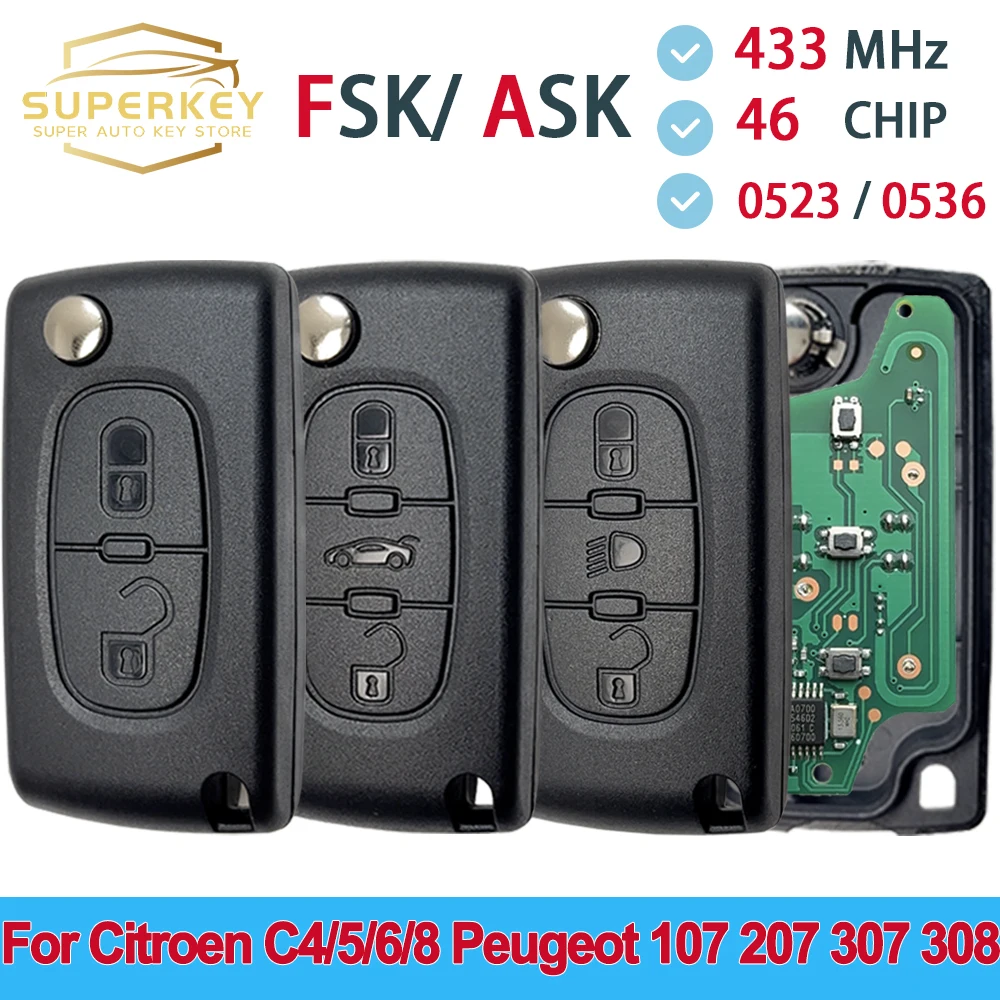 Chave remota do carro do ASK-Flip, FSK, Citroën C2, C3, C4, C5, C6, Xsara, Berlingo, Peugeot 207, 307, 308, 407, 607, 807, HU83, VA2, CE0536, CE0523