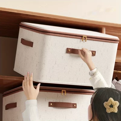 Caixas de armazenamento com zíper de linho, caixas organizadoras de roupas de tecido não tecido para organização de armário de quarto de casa, inclui bons ajudantes