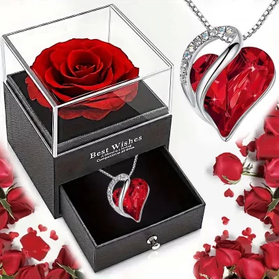 Nova venda quente presente do dia dos namorados oceano coração amor colar com rosa eterna caixa de jóias para menina presentes do dia das mães