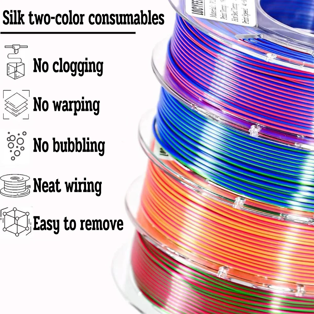 Novo filamento de seda dupla cor pla 1.75mm 1kg 500g 250g impressora 3d material plástico duas cores pla filamento sedoso prata azul - Image 5