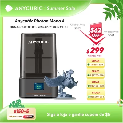 Pré-venda ANYCUBIC Photon Mono 4 Resina UV Impressora 3D de alta velocidade 10K 7 ''tela de alta definição Tamanho de impressão 3D 153 × 87 × 165mm