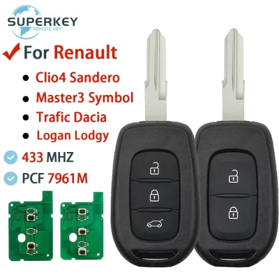Para renault clio4 sandero master3 símbolo tráfego dacia logan lodgy dokker espanador chave remota 2/3 botões 433mhz 4a chip pcf7961m