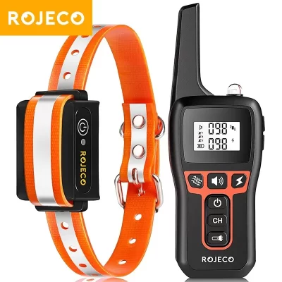 Rojeeco coleira elétrica de treinamento para cães, 1000m, controle remoto, coleira de treinamento para animais de estimação, recarregável, controle de latidos, coleira de choque