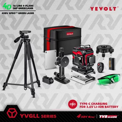 Yevolt yvgll4xs16 16 linhas 4 placas ferramentas de nível laser verde 4d com 3ah/5.2ah potência máquina autonivelante horizontal & vertical