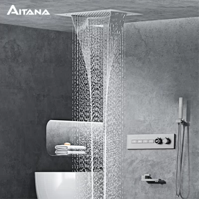 Sistema de chuveiro de latão preto luxuoso, montado na parede, display digital LED, design frio e quente, controle duplo, torneira de chuveiro de teto de 4 funções