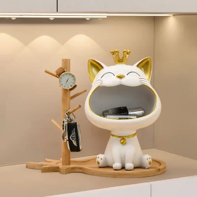 Estátua de gato da sorte dos desenhos animados escultura fortuna gato bandeja de armazenamento lanche jar doces chocolates cesta de armazenamento armário de tv decoração de casa