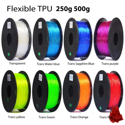 Elastic Flexible TPU 3D Printer Filament, Transparente, Vermelho, Azul, Borracha, Flex, Materiais de impressão, 500g, 250g, 1.75mm