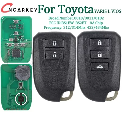 Chave remota do carro fob para toyota yaris l vios 2/3 botões 0010 0011 0182 312/314 433/434mhz 8a chip p4 39 fcc bs1ew bs2et chave inteligente