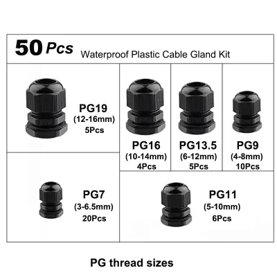Glândulas Cabo de Nylon Elétrica, Pressione Fios, Rosca Mecânica, PG11, M25 Tamanho, Entrada Cord Grip, Junte-se com juntas, 33pcs, 50pcs Set
