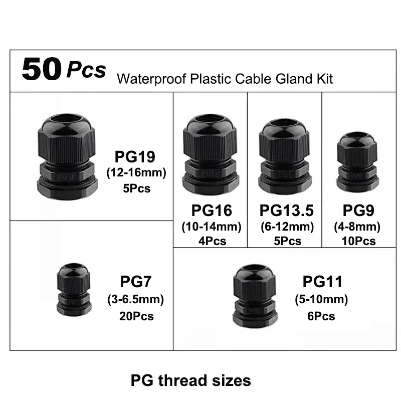 Glândulas Cabo de Nylon Elétrica, Pressione Fios, Rosca Mecânica, PG11, M25 Tamanho, Entrada Cord Grip, Junte-se com juntas, 33pcs, 50pcs Set