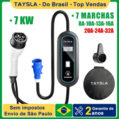Taysla 7kw carregador de carro elétrico 32a tipo 2 portátil ev carregador 80v-260v cabo de carregamento wallbox para todos os veículos elétricos byd bmw