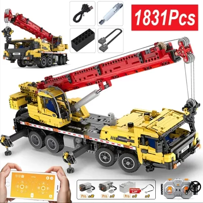 Cada cidade veículo de engenharia de controle remoto caminhão guindaste blocos de construção técnico moc rc carro tijolos brinquedos diy para crianças presentes