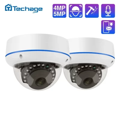 Techage H.265 4MP 5MP Dome interno 48V POE Câmera IP Áudio unidirecional Vidro à prova de vandalismo IPC P2P Vídeo CCTV Vigilância de segurança