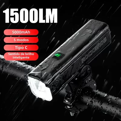 Rockbros luz da bicicleta 1500lm 5000mah luz da bicicleta ipx6 alumínio tipo-c recarregável inteligente brilho sentido ajustar lâmpada de ciclismo