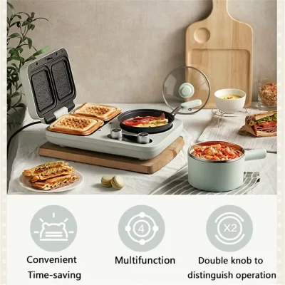 Máquina doméstica multifuncional para café da manhã, elétrica, waffle, sanduíche, pão, torradeira, presunto, carne, ovo, grelha