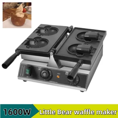 Novo molde elétrico personalizado em forma de urso, rolos de sorvete, máquina de waffle, 1600w, pan antiaderente, equipamento comercial de waffle