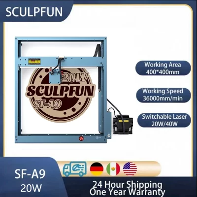Sculpfun SF-A9 20w máquina de gravação a laser 400*400mm área de trabalho cnc cortador a laser gravador com foco preciso e assistência ao ar