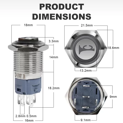 Interruptor de botão de buzina de 16mm, 12v 24v, botão momentâneo de reinicialização automática, painel de barco de carro, luz led, interruptor de metal para automotivo e marinho