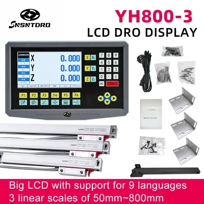 YH800-3 conjunto 19 idioma 3 eixos lcd dro display e 3 peças 5u codificador de escala de vidro linear 50-800mm fresadoras