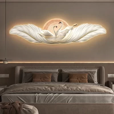 Lâmpada LED com pena de cisne luminosa para quarto, cabeceira, sala de estar, pintura decorativa, sofá fundo, pintura de parede simples