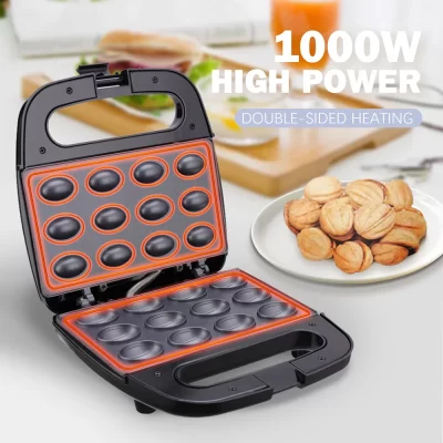 Máquina de fazer biscoitos de nogueira, 12 buracos, máquina elétrica de fazer bolo de nogueira, bandeja antiaderente para assar moldes de café da manhã