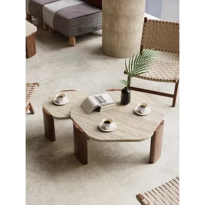 Combinação natural da mesa de café do mármore, tabela da borda da madeira maciça, sofá, apartamento pequeno, agregado familiar, apartamento pequeno