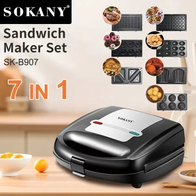 Houselin 7 em 1 Sanduicheira Conjunto de ferro para waffle com 7 placas antiaderentes removíveis, 750 W para sanduíches Bife de queijo grelhado, preto