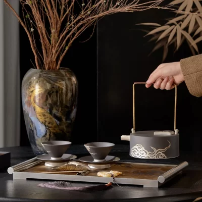Estilo chinês auspicioso nuvem padrão chá conjunto, decoração macia, ornamento, sala de estar, mesa de café, combinação, arranjo