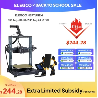 Impressora 3D ELEGOO NEPTUNE 4 FDM com firmware Klipper, nivelamento automático de cama de 121 pontos, até 500 mm/s de alta velocidade, tamanho 225x225x265mm