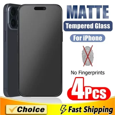 Matte fosco protetor de tela, vidro temperado para iPhone 14, 13, 12, 11, 15 Pro Max, 7, 8, 16 Plus, 13 Mini, X, XR, XS, Max, PCes 4
