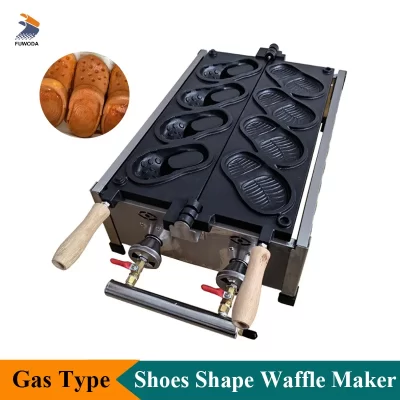 Máquina comercial de fazer waffle em forma de sapato, tipo gás, 4 peças, sapatos tridimensionais, waffle, padeiro, cozinha, equipamento de lanche
