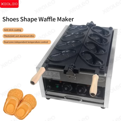 Xeoleo sapatos elétricos forma waffle maker 3000w 4 buracos crocs forma waffle pão máquina waffle ferro engraçado lanche equipamentos