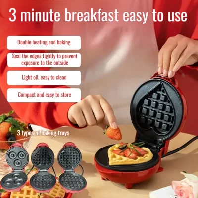 Máquina de café da manhã redonda portátil mini casa waffle maker amor portátil mini waffle maker