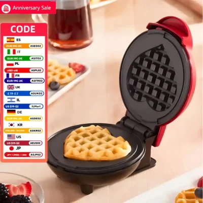 Mini máquina de waffle multifuncional em forma de coração, torradeira de café da manhã aquecida dupla face, máquina de cozimento portátil