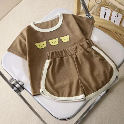 2025 novo urso dos desenhos animados impressão crianças waffle como malha manga curta roupa crianças cintura elástica verão conjunto de roupas casuais