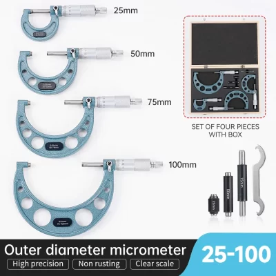 Micrômetro exterior Conjunto com Padrões, Graduação Medida Kit Ferramentas, Ratchet Stop Range 0,01 milímetros, 0 a 25mm, 50mm, 75mm, 100mm, 4 peças por conjunto