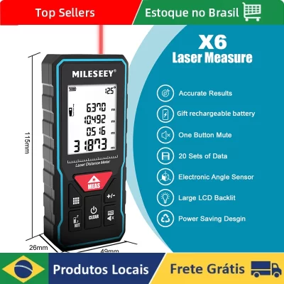 MILESEEY X6 Fita métrica laser 40M 60M 80M 100M, telêmetro profissional com display de ângulo para DIY, decoração, construção