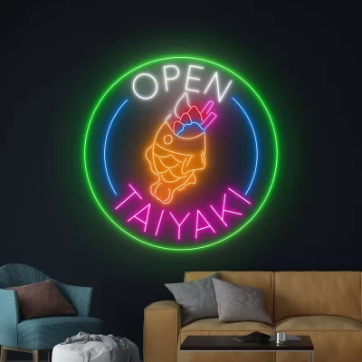 Sinal de néon aberto Taiyaki em forma de peixe pastelaria sorvete sinal de néon