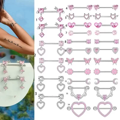 Piercing de mamilo rosa de aço inoxidável, 2 peças, joias, asas de coração, barra de mamilo, lua, diabo, anéis de mamilo, corpo, pezon mujer