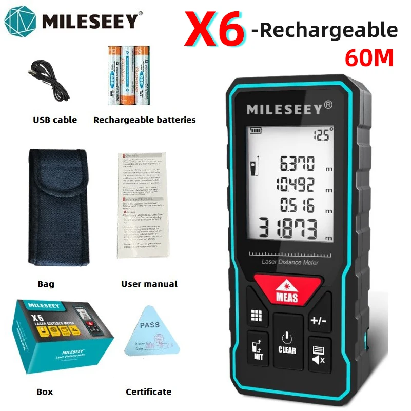 Mileseey X6 Medidor de distância a laser recarregável, telêmetro Trena Tape Range Finder Ferramenta de dispositivo de medida para construção
