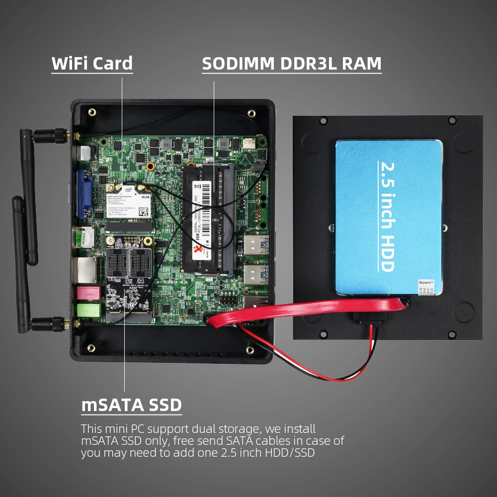 XCY Fanless Mini PC Intel Core i7 4500U i5 5200U 300M WiFi Gigabit Ethernet 8x USB VGA HDMI Display Windows 10 Linux HTPC - Image 2