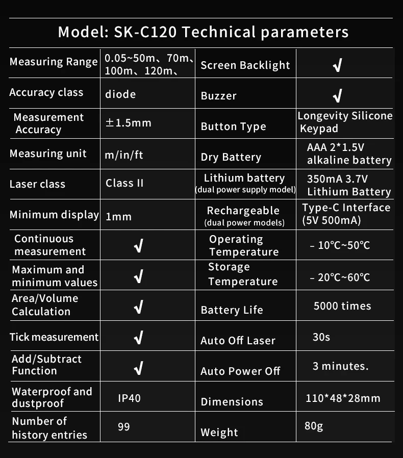 Snakol 120m medidor de distância a laser inteligente medida telêmetro infravermelho usb recarregável portátil ferramentas telêmetro laser - Image 6