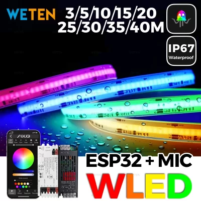 Controlador wled à prova d'água esp32 rgbic cob kit de fita de luz de tira led sincronização de música funciona com alexa 24v 5 10 15 20 25 30 40 metros