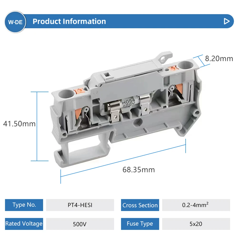 5Pcs Din Rail Terminal Blocks PT 4-HESI Gray Connector Push In Spring Fuse Terminal Block Connector Screwless Fuse Holder - Image 2