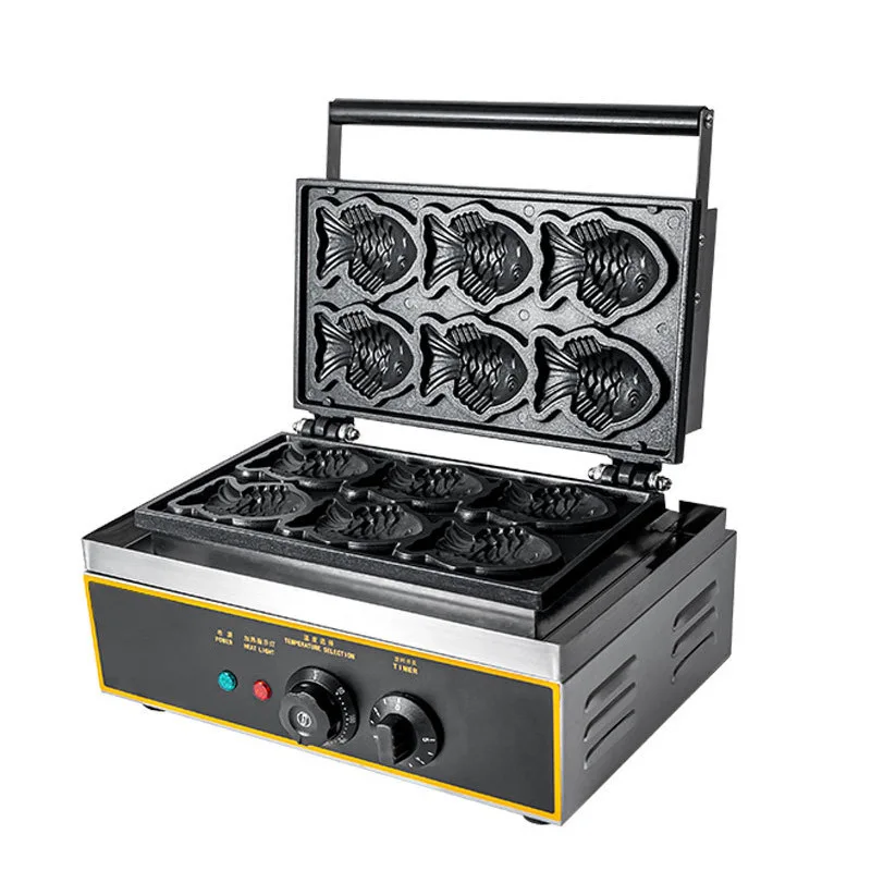 Taiyaki-Revestimento antiaderente em forma de peixe Bakeware, máquina de lanche comercial, fabricante de waffles, 1500W, 6 pcs - Image 4