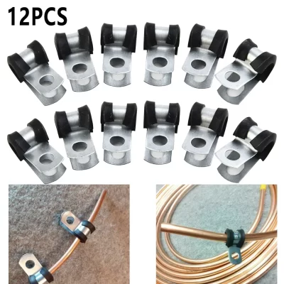12pcs Metal P Clips Rubber Lined Wiring Hose Pipe Clamp Camper Hydraulic 3/16" Brake Gas Line Pipe Fixing Clamp Cramp