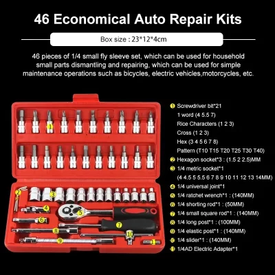 Car Repair Tool Kit, soquete Set, Catraca, Torque, Chave Combo, Reparação Auto, 1,4 ", 46 Pcs por Conjunto