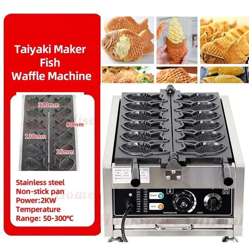 HomeWise Taiyaki Maker Máquina de waffle de peixe Máquina de cozimento de bolo de peixe 6 peças Máquina de waffle de sorvete de peixe 3000W Pan antiaderente