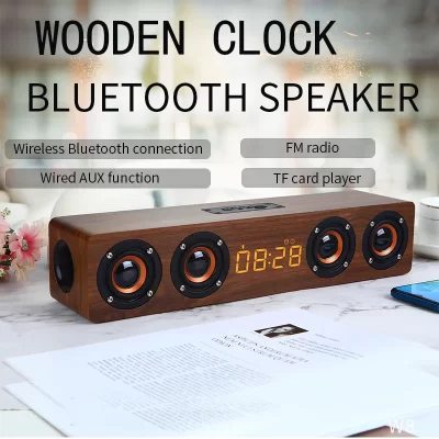 Alto-falantes sem fio bluetooth 5.0 para computadores, despertador de madeira, display, sistema de som, reprodutor com aux tf, rádio fm, caixa subwoofer